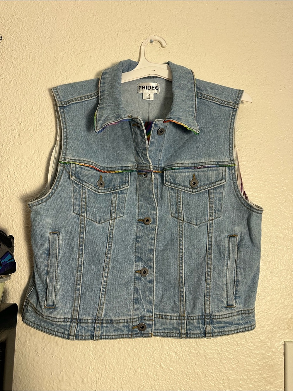 PRIDE® Light Blue Denim Vest with Rainbow Trim